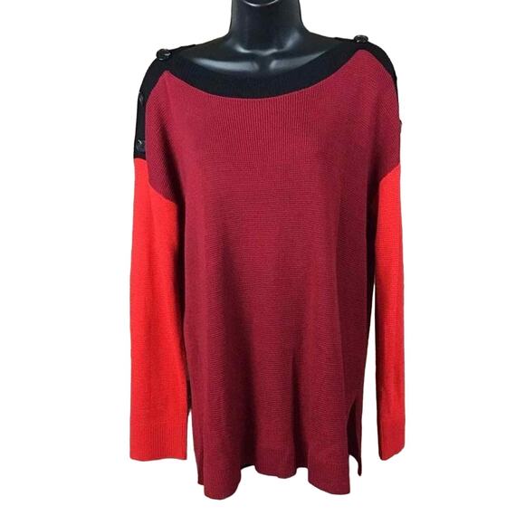 Vince Camuto Women’s Medium Red Black Colorblock Button Shoulder Sweater NWOT - Picture 11 of 16